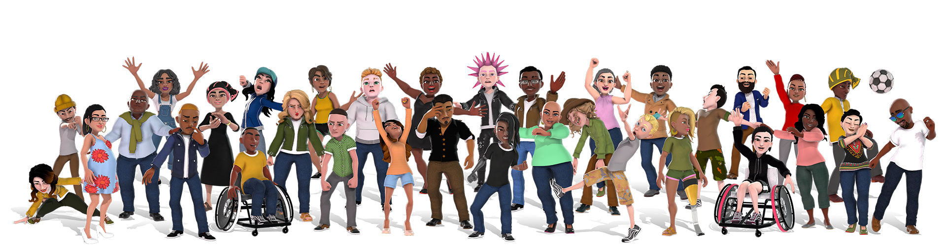 An image that shows the diversity of Xbox One's inclusive avatars that were released in 2018. There is a crowd of different 'people' all standing together.
